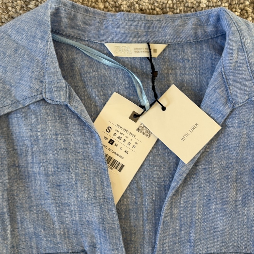 New Zara Blue Linen Top Jacket Wide Leg Pants Set S - Picture 3 of 10